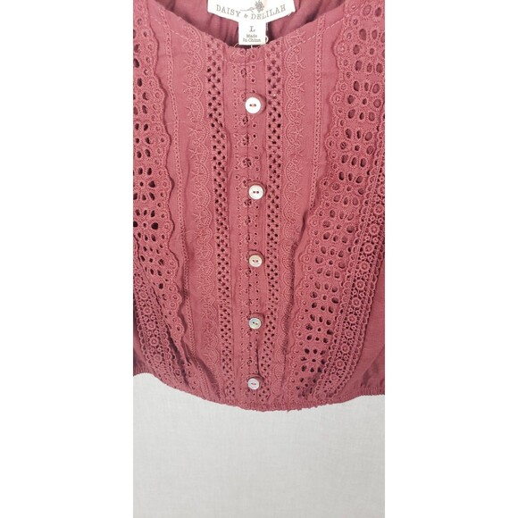 Daisy & Delilah Tank Top L Mauve Lace Eyelet Button Cropped Dainty Coquette - Picture 2 of 10